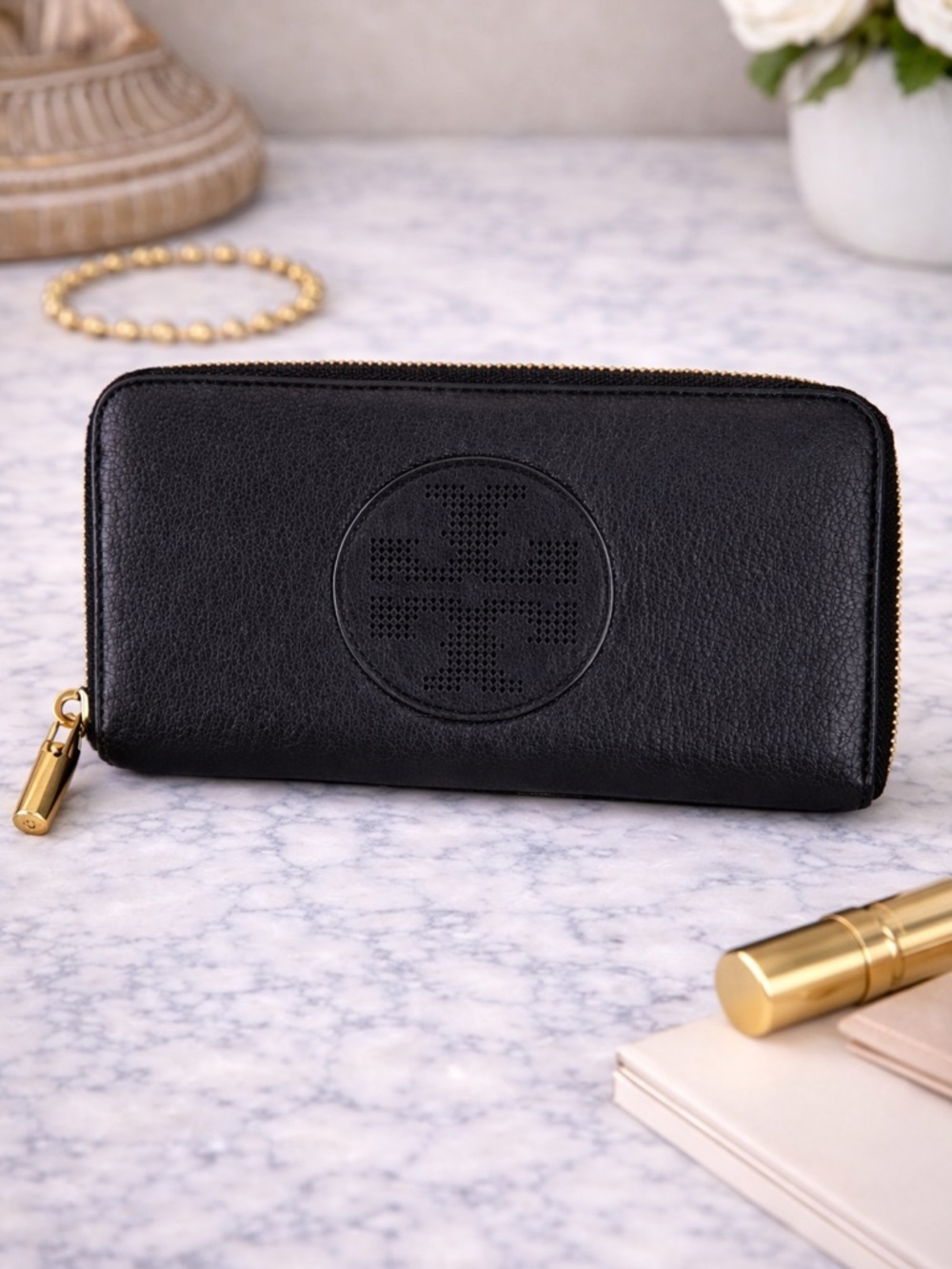 Tory Burch Black Leather Zip-Around Card Holder with Gold Hardware